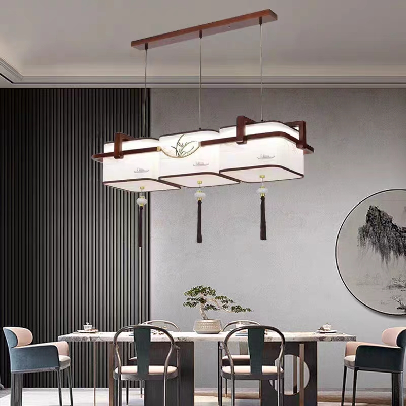 新中式吊灯实木餐厅灯禅意复古三头饭厅灯长方形中国风吧台茶室灯