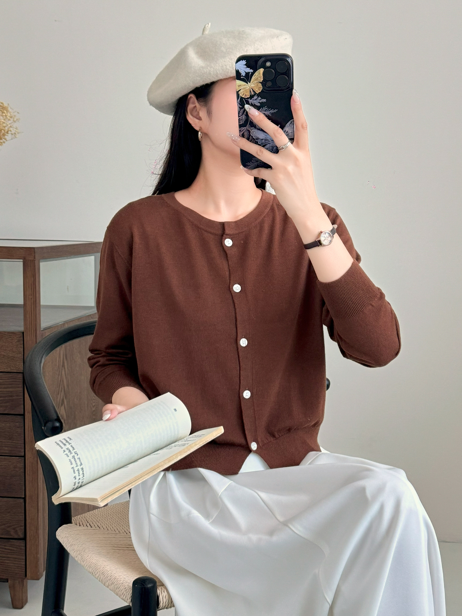  2024新款百搭薄款休闲外搭韩版女装精纺羊毛开衫