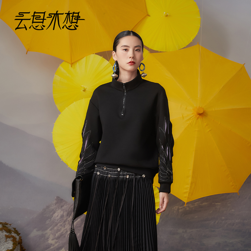 Ysimo-X云思木想摩登国风女装2024秋冬新款绣花烧花拉链卫衣12370