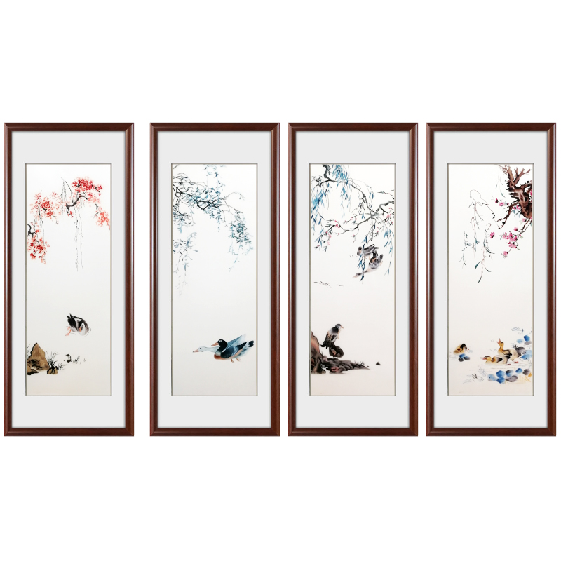 纯手工苏绣成品挂画苏州刺绣画客厅书房装饰画四联幅 春江水暖