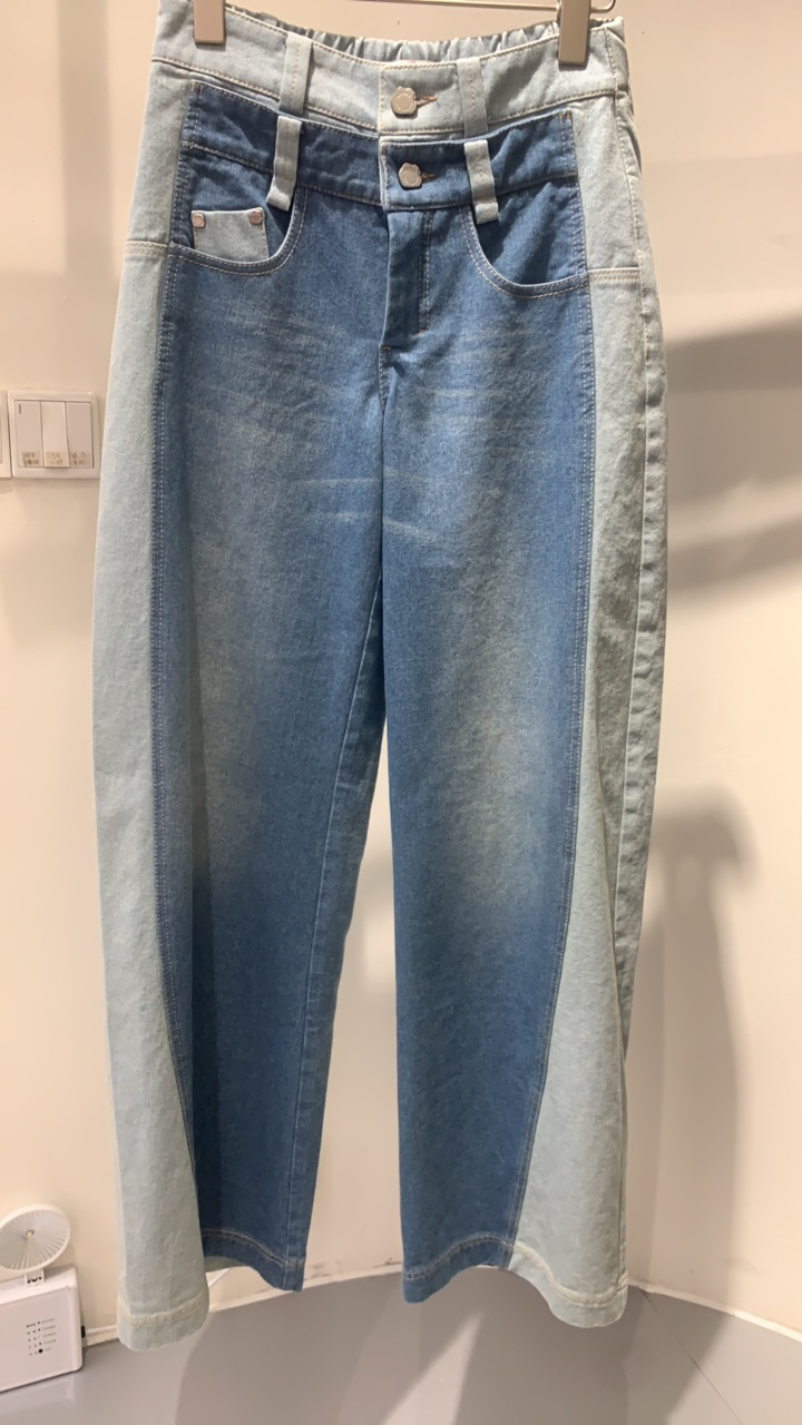 复古水洗蓝拼接撞色双腰头牛仔直口裤