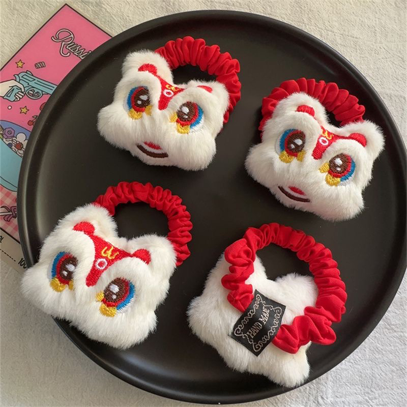 国潮醒狮毛绒发圈新年醒师发夹红色龙年发圈春节中国红发饰可爱in