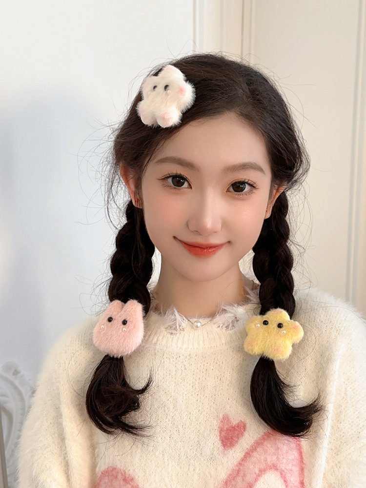可爱甜美毛绒星星兔子发夹女侧边刘海鸭嘴夹子儿童秋冬毛绒绒发夹