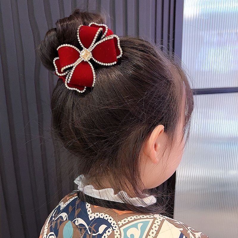 儿童蝴蝶结头绳红色丝绒水钻发圈女童新年发绳发饰品女孩过年头饰