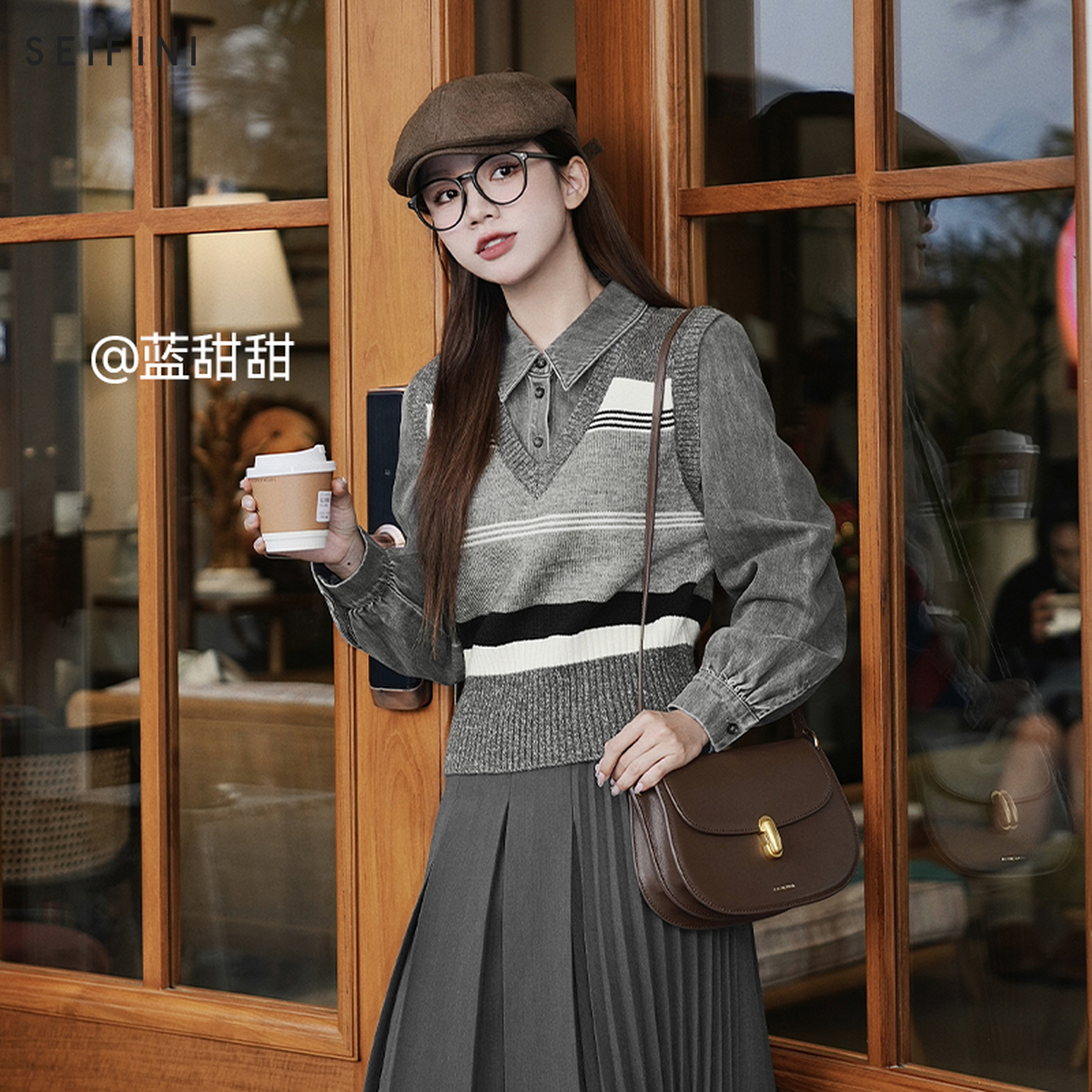 【王正正同款】诗凡黎假两件25新品灰色牛仔衬衫新款衬衣3F8322481