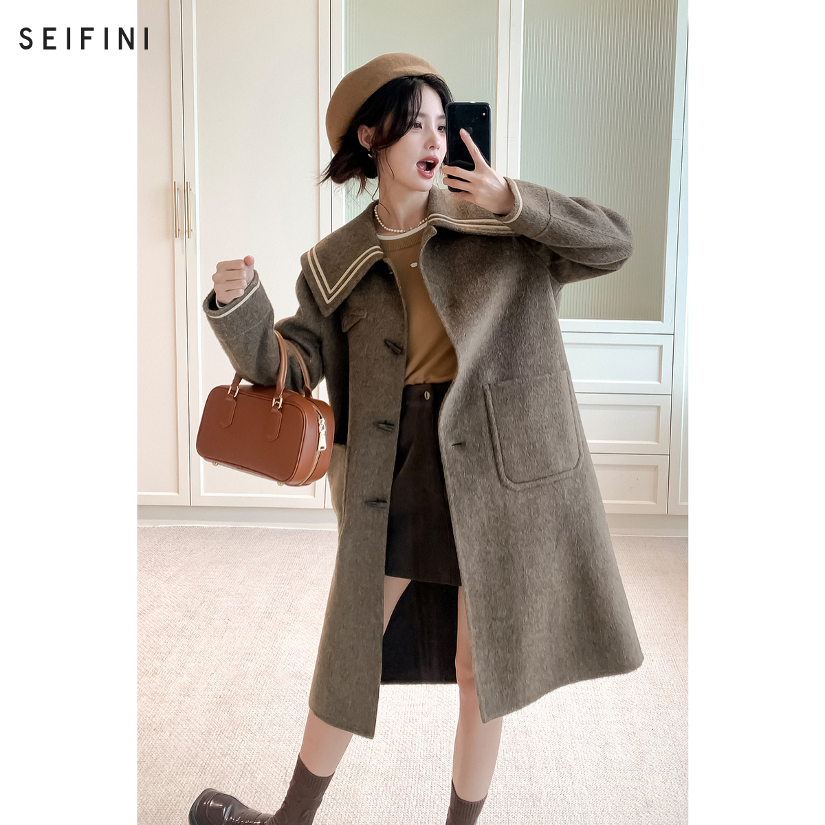 【陈大可】诗凡黎绵羊毛牛角扣毛呢外套新骆驼绒双面呢大衣