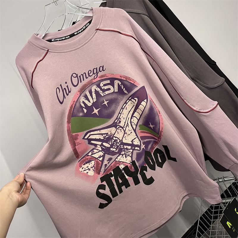 2023年新款美式复古高街潮牌慵懒风卫衣女韩版长袖T恤女秋装上衣