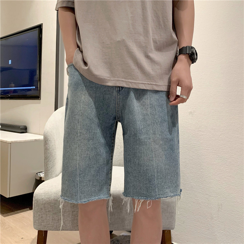 牛仔短裤男夏季学生宽松阔腿五分裤原宿风ins休闲直筒毛边中裤子