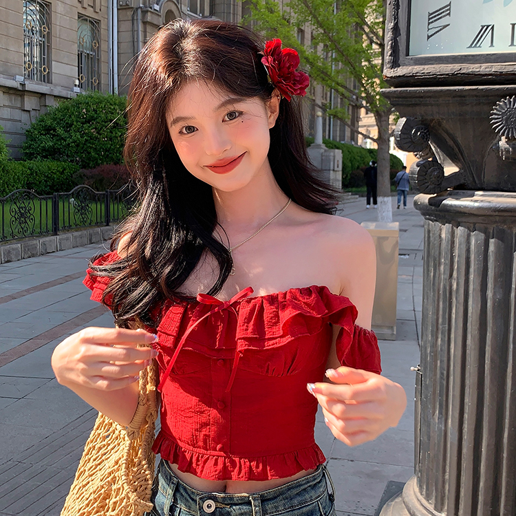 甜辣妹红色荷叶边一字肩吊带背心女夏季小众修身显瘦露脐短款上衣