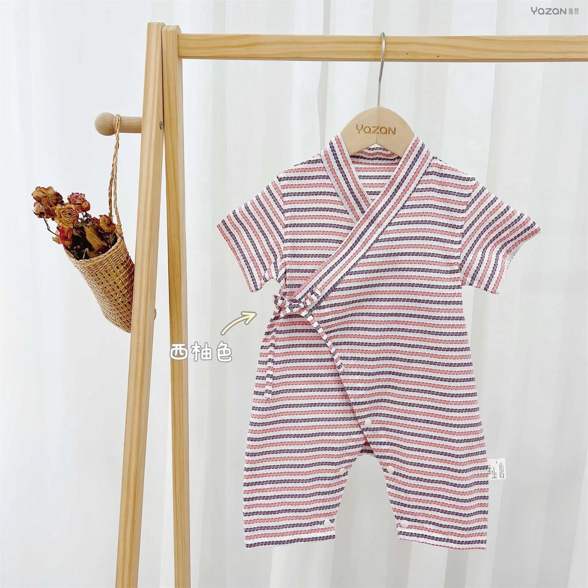 雅赞流锦系列短袖婴儿连体衣 单层纱100%棉 薄款透气系带婴童纯棉