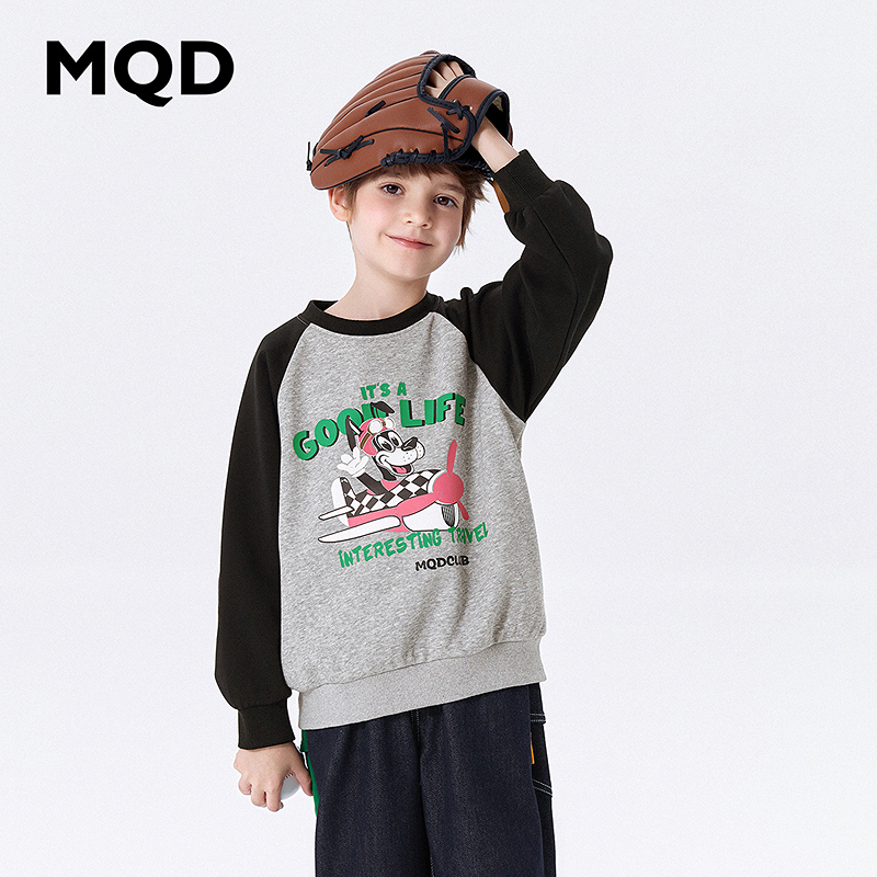 MQD童装儿童24春新款学院风插肩袖卡通圆领卫衣9641W0626