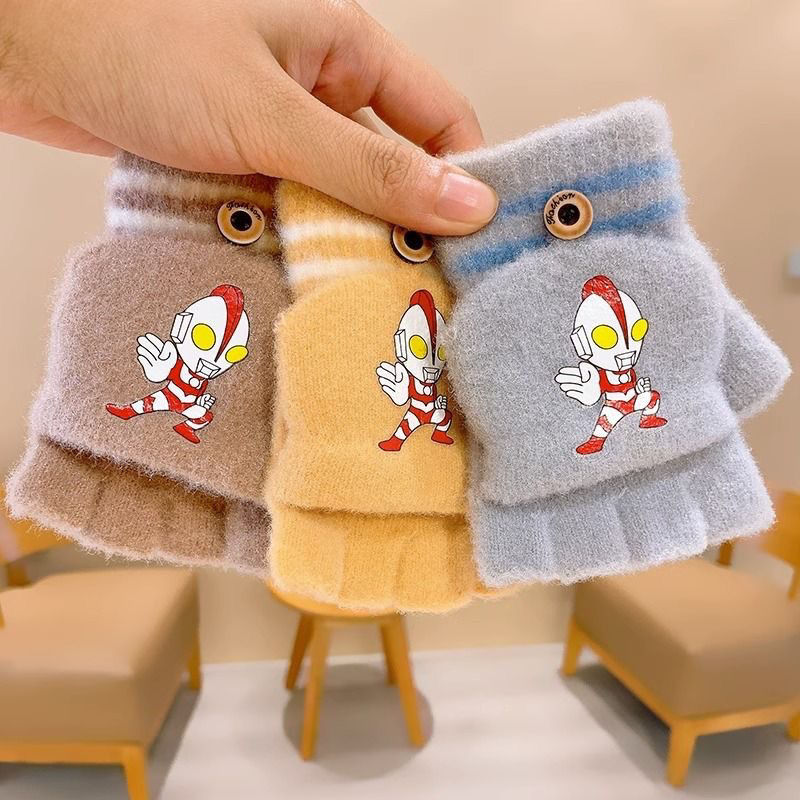 儿童冬季新款加厚保暖两用半指翻盖手套卡通奥特曼男孩手套