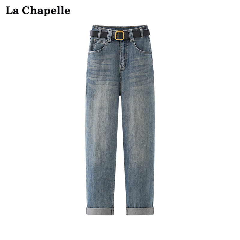 拉夏贝尔/LaChapelle高腰复古蓝色卷边牛仔裤女老爹裤直筒长裤子