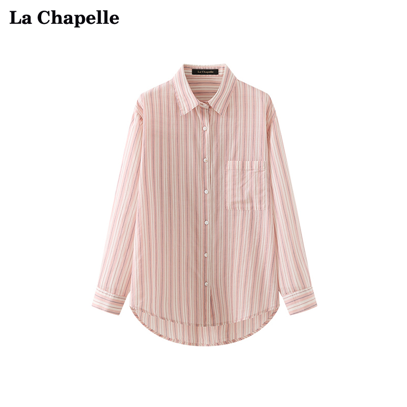 拉夏贝尔/LaChapelle竖条纹长袖衬衫女韩版宽松别致小衫衬衣夏季