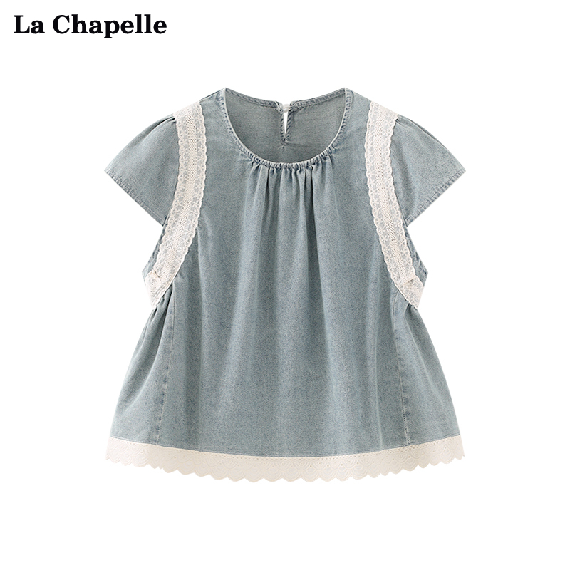拉夏贝尔/La Chapelle圆领蕾丝边拼接飞袖牛仔小衫女设计感娃娃衫