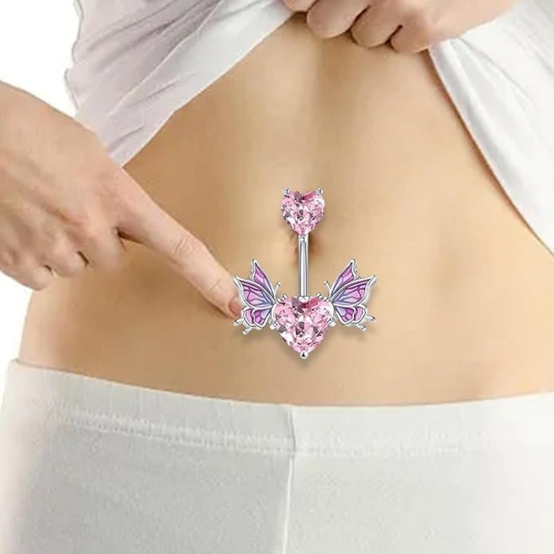 钛钢锆石耳饰 渐变双飞蝴蝶肚脐钉粉色爱心穿刺脐环法式梦幻脐饰