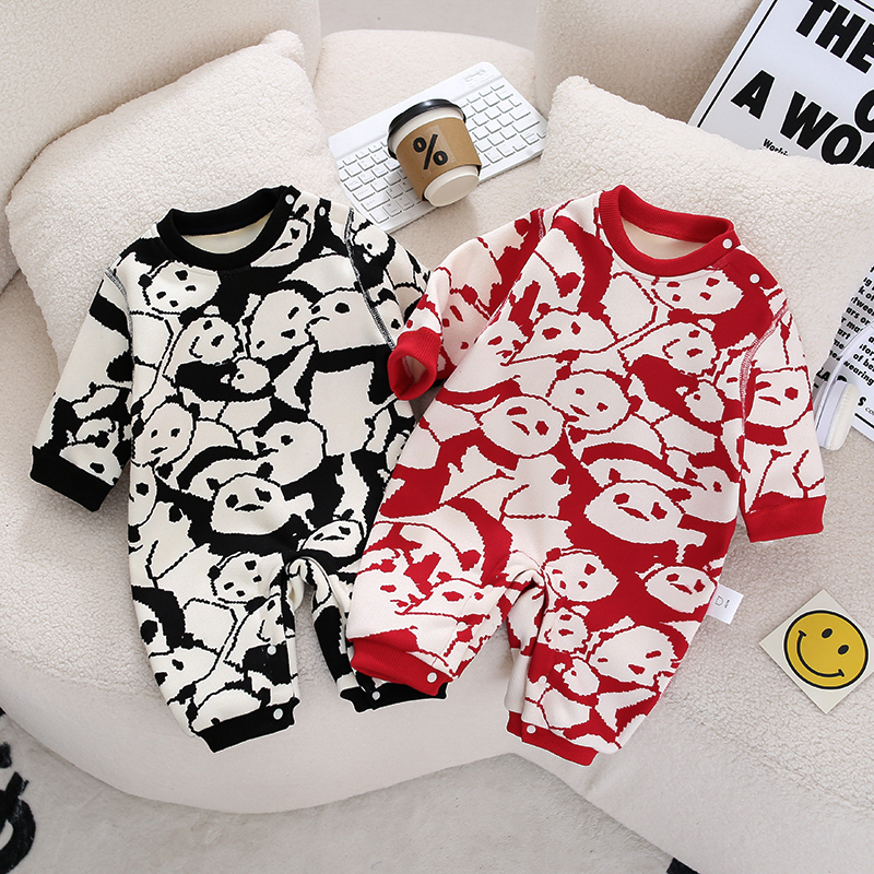 熊猫印花婴幼儿连身衣宝宝哈衣无骨加绒保暖衣春秋季新生儿衣服