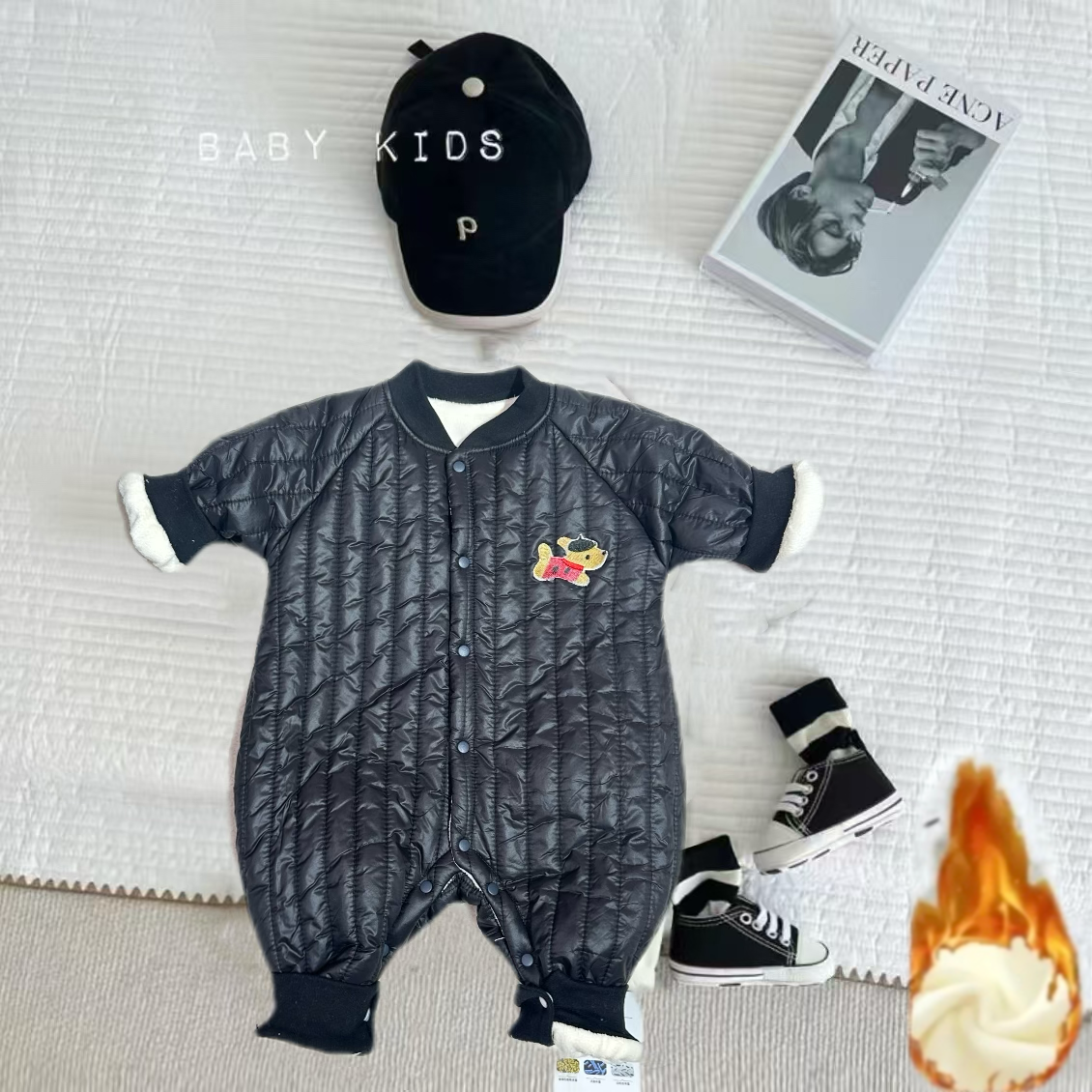 竖条纹小狗婴幼儿连身衣棉服宝宝保暖哈衣冬季棉衣