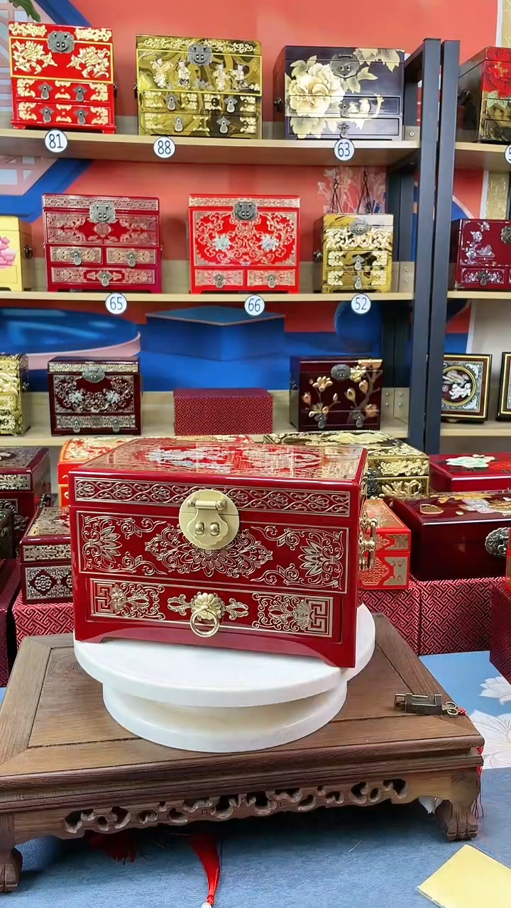 【闪购商品】23厘米酒红色三层抽屉掐丝贝壳凤凰首饰盒