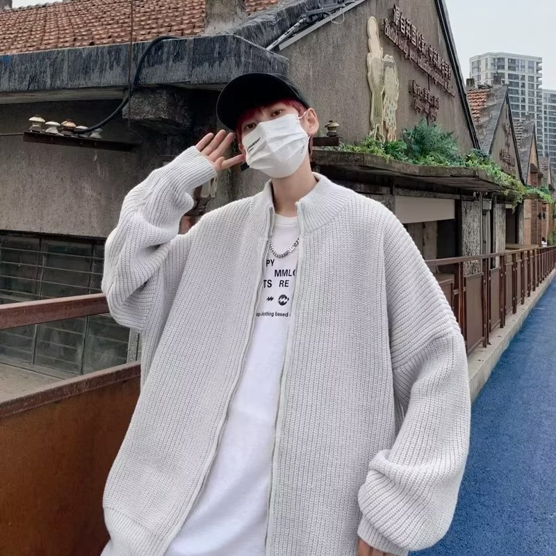 外套开衫毛衣男秋冬新款美式复古宽松慵懒风线衣潮流半高领针织衫
