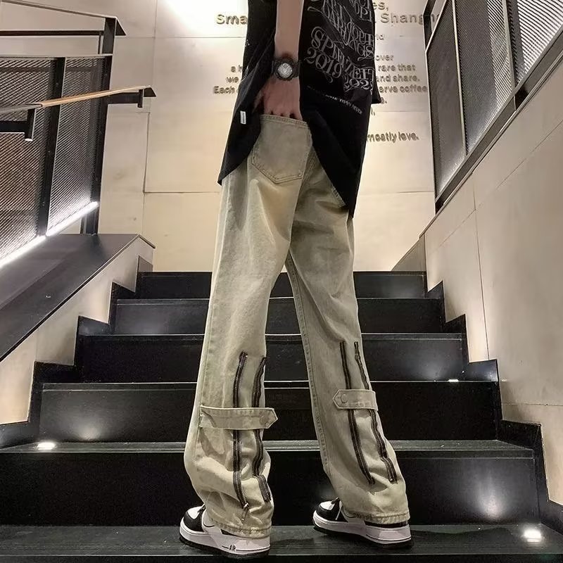 美式高街牛仔裤男款潮牌痞帅vibe阔腿直筒小众设计感长裤子泥裤