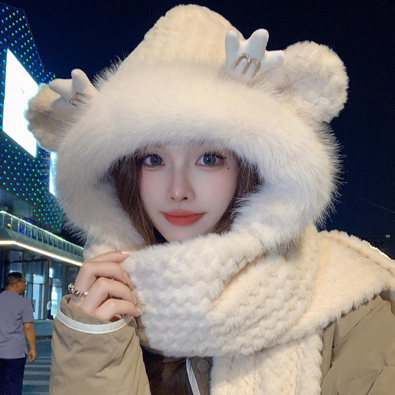 秋冬季2023新款帽子围巾一体女冬天保暖毛绒手套三件套可爱连帽潮