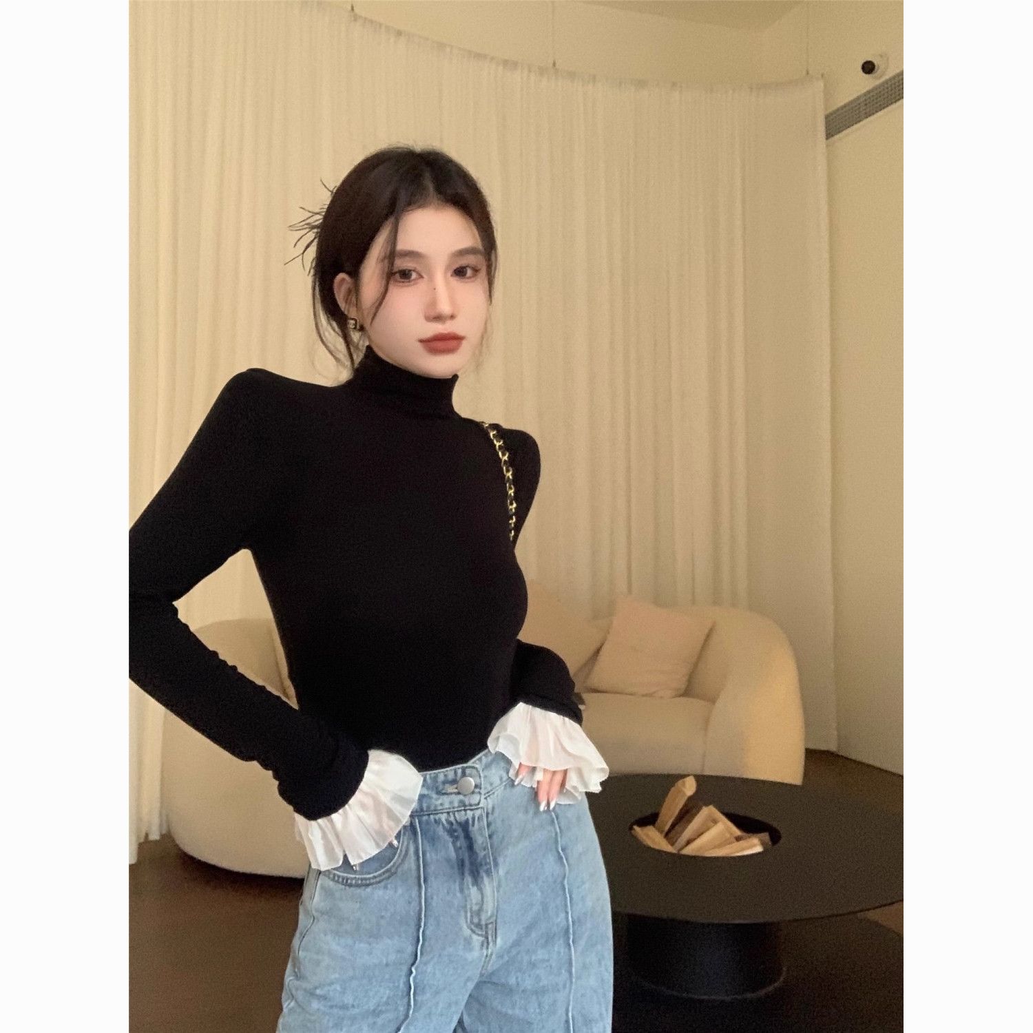 法式黑色高领长袖打底衫T恤女秋冬季新款内搭修身显瘦高级感上衣