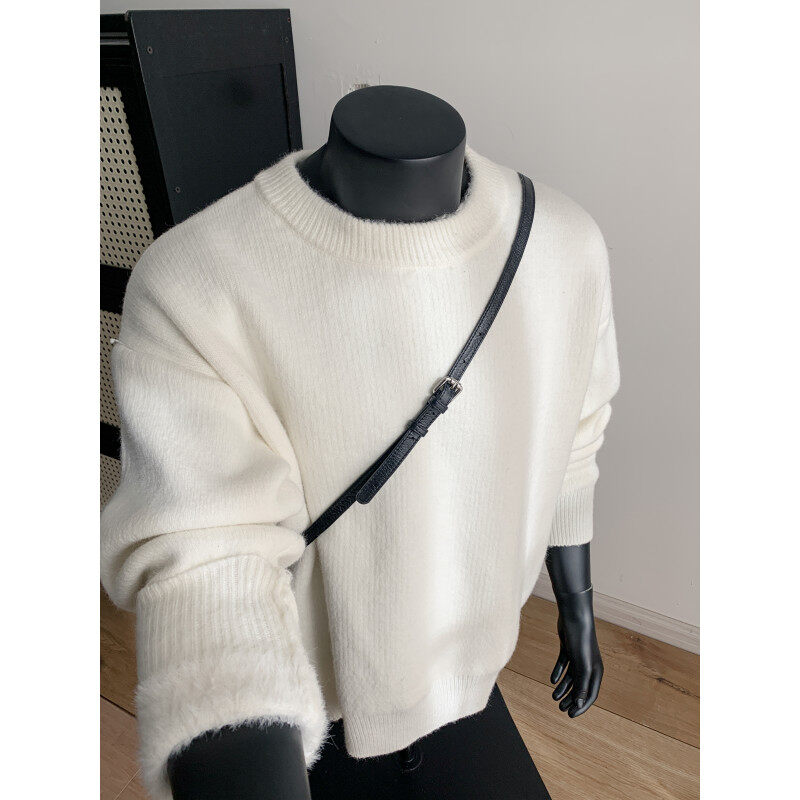 白色加绒圆领毛衣男秋冬青少年一体绒加厚保暖慵懒内搭打底针织衫