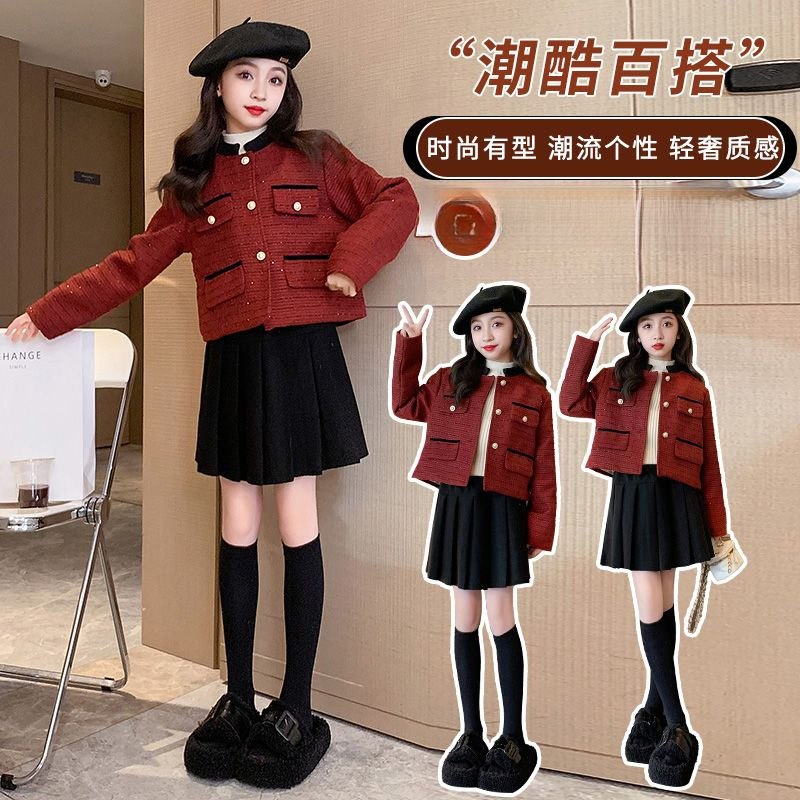 女童小香风外套加厚秋冬圣诞新年新款洋气儿童女孩红色拜年服轻奢