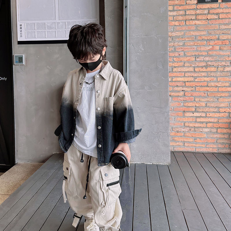 男童牛仔衬衫春秋薄款新款儿童长袖衬衣洋气中大童两件套休闲