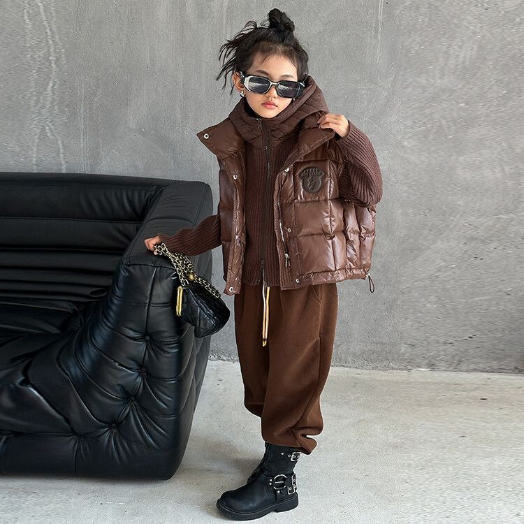 女童秋冬美拉德马甲三件套新款儿童时尚连帽毛衣大童加绒裤子