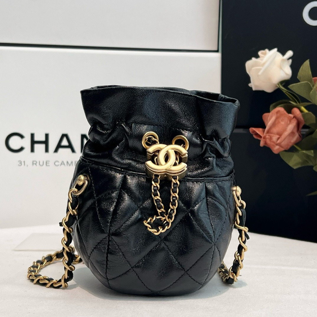 99新 Chanel/香奈儿 23S黑金小福袋抽绳菱格时尚单肩斜挎包百搭