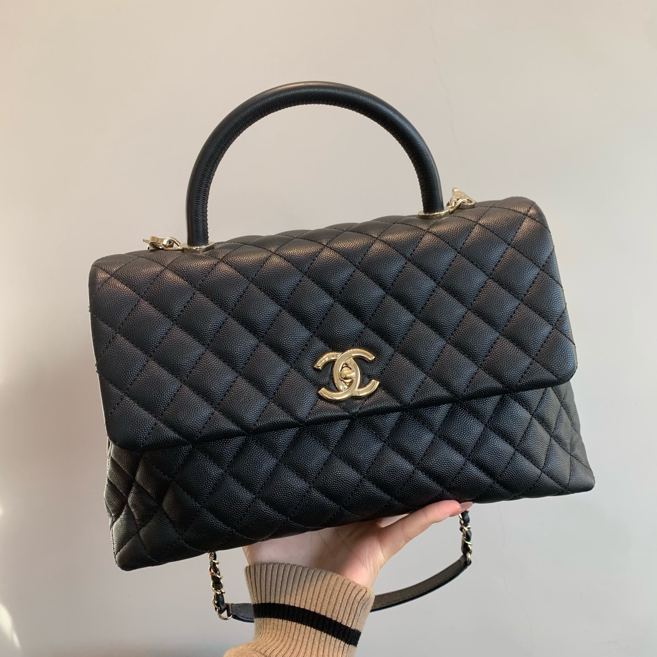 99新 Chanel/香奈儿 黑金大号cocohandle荔枝纹口盖包
