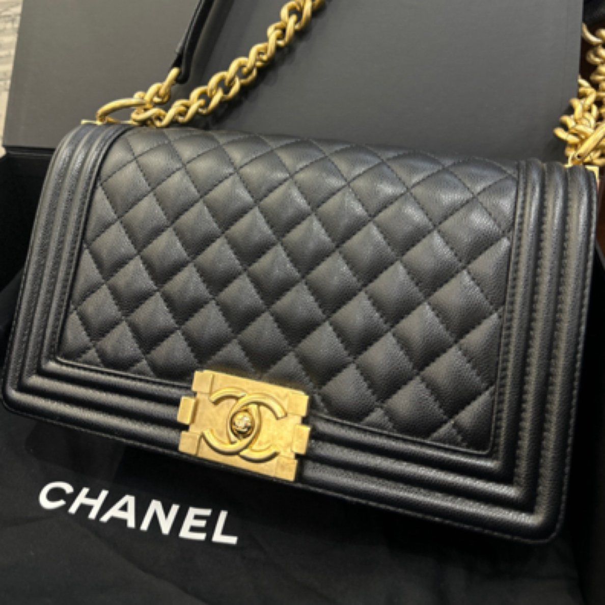 99新 Chanel/香奈儿 黑金荔枝牛中号leboy做旧五金单肩包斜挎包