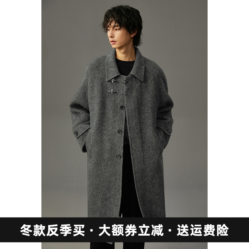 100羊毛双面呢大衣男过膝中长款冬季宽松呢子飞机扣男士外套ELL05