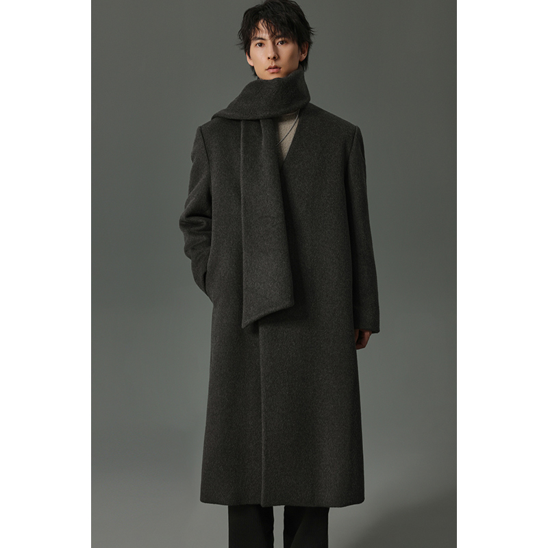 【带围巾】韩版夹棉羊毛大衣男士休闲宽松中长款呢子外套冬装FLD17