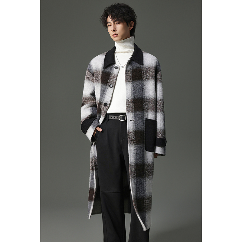 【含羊驼毛兔毛】时尚冬季男士格子双面羊毛大衣长款毛呢外套FLDS5