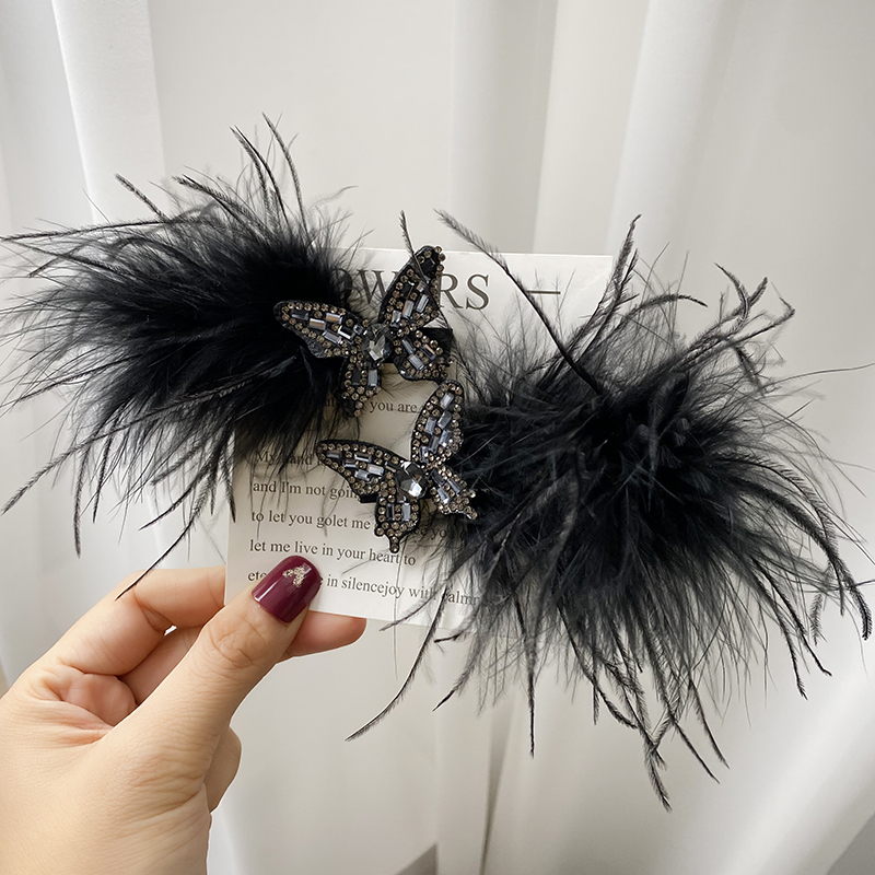蝴蝶鸭嘴夹黑色羽毛刘海碎发夹ins优雅小众发卡个性网红发夹