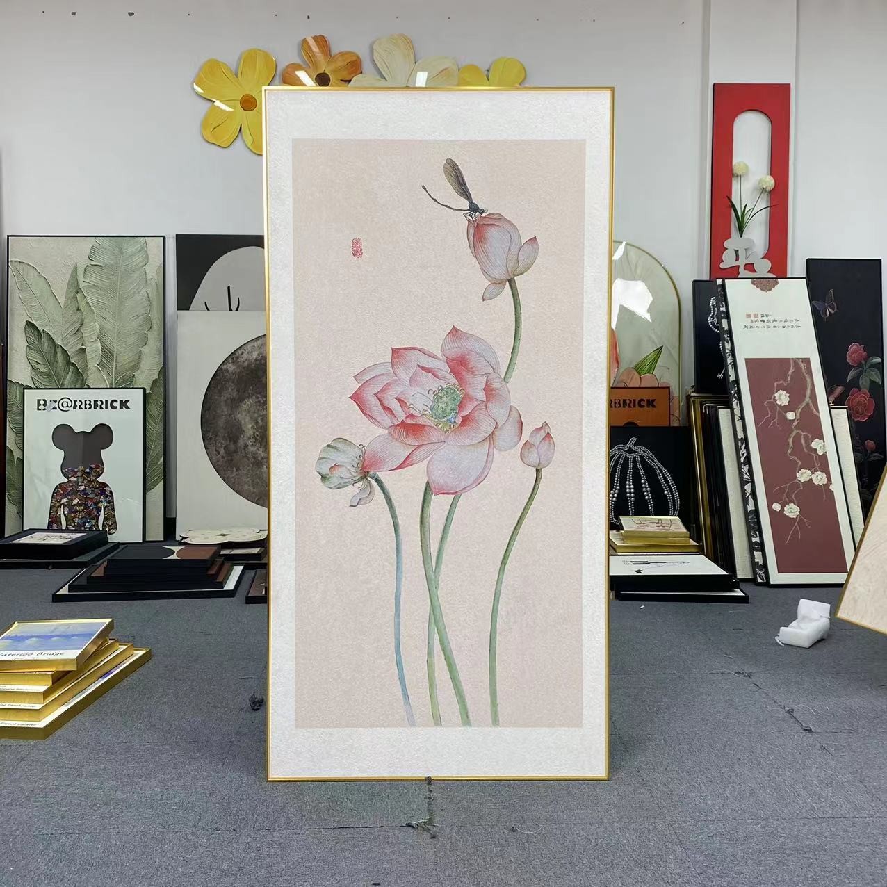  好运连连莲花客厅装饰画新中式荷花砂岩入户玄关花卉挂画80160