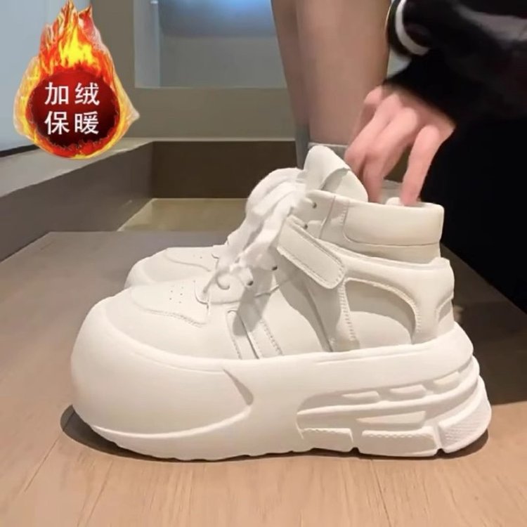 丑萌大头厚底时尚高帮鞋女2024秋季新款加绒百搭面包小白鞋白色鞋
