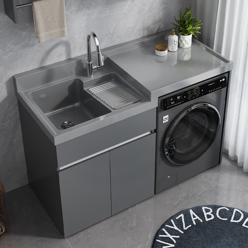 不锈钢蜂窝铝洗衣柜阳台一体台盆高低水池洗衣池带搓板洗衣机柜