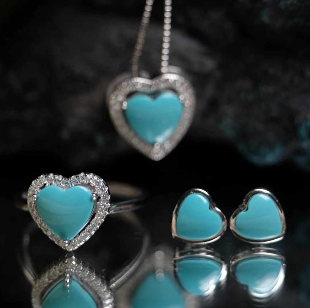 原矿绿松石时尚项链戒指耳钉s925套装