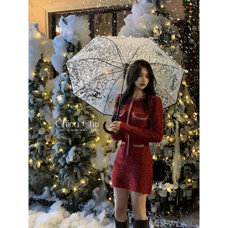 车迟恩Chien 普罗米亚秋冬红色过年圣诞战袍高级感小香风连衣裙女