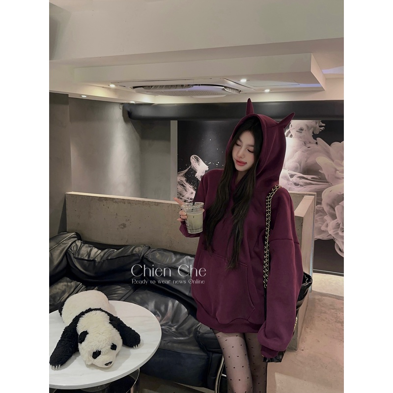 车迟恩Chien 小恶魔冬季长袖加厚上衣宽松复合加绒紫色连帽卫衣女