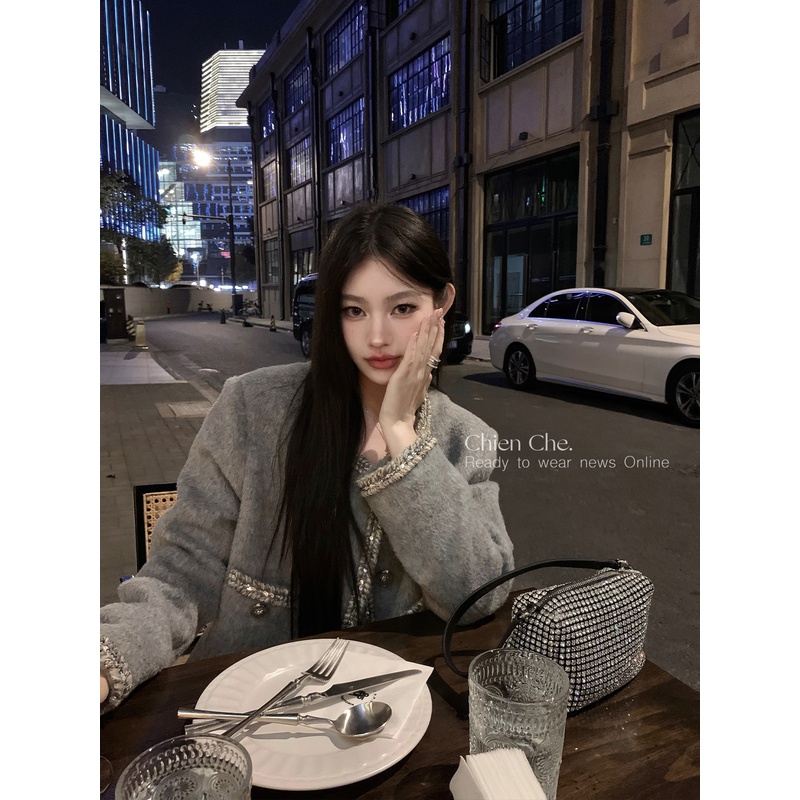 车迟恩Chien 车氏精选 高级感灰色气质千金小香风羊毛呢子外套女