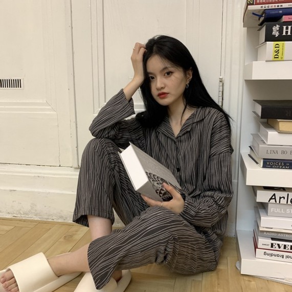 春秋新款韩版中性风简约家居服斑马纹睡衣女套装