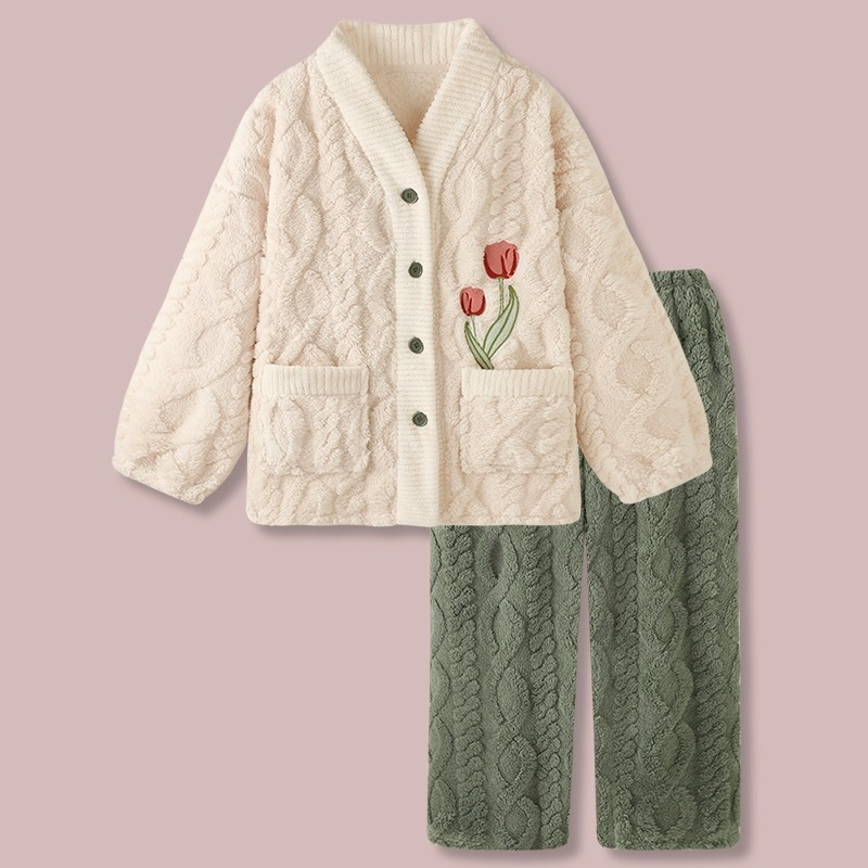 小岛郁金香日系清新加厚珊瑚绒2023睡衣冬季女款家居服套装