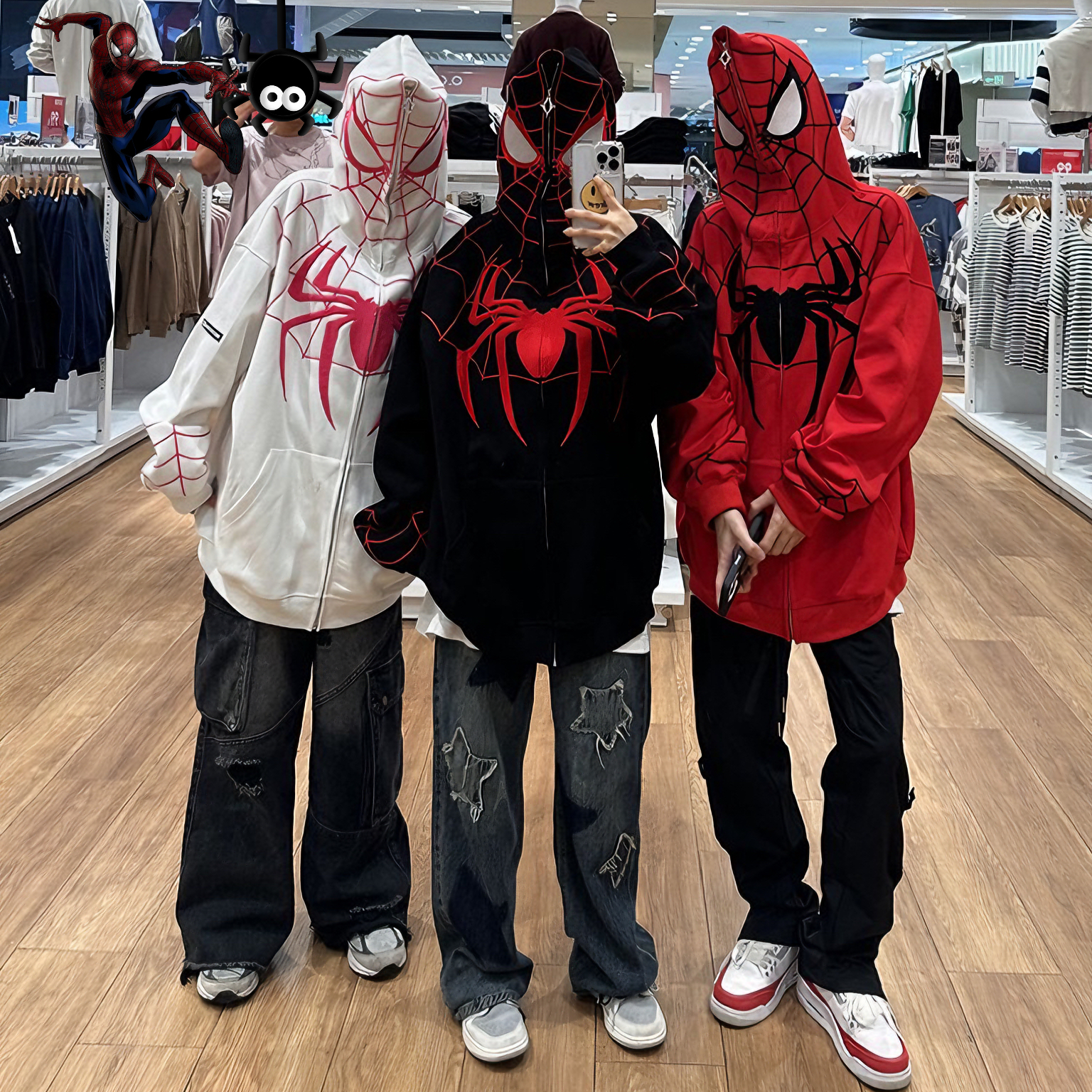 蜘蛛侠蜘蛛刺绣开衫卫衣男女宽松连帽秋冬2023新款百搭情侣外套