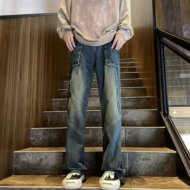 复古水洗做旧拉链牛仔裤男高街潮牌日系痞帅直筒宽松休闲阔腿长裤