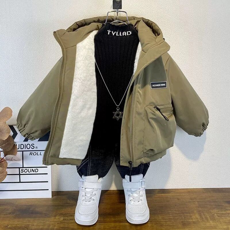 J001男童冬装加绒外套24新款中大童秋冬季儿童加厚男孩棉衣派克服